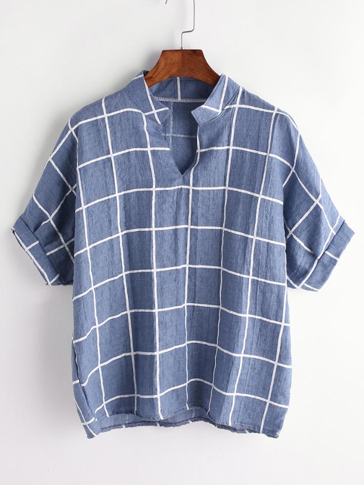 Romwe Blue Grid Print Dip Hem V Neck Blouse