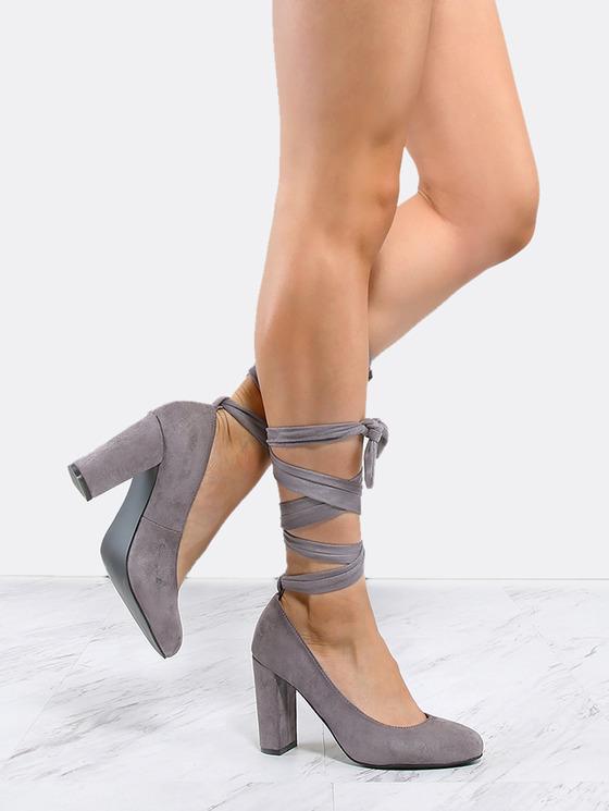 Romwe Almond Toe Lace Up Pumps Grey