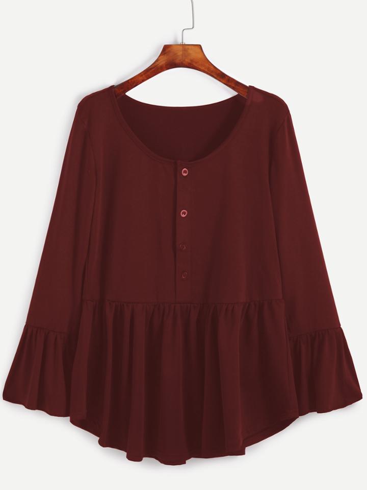 Romwe Burgundy Ruffle Hem T-shirt With Button Front