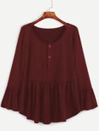 Romwe Burgundy Ruffle Hem T-shirt With Button Front