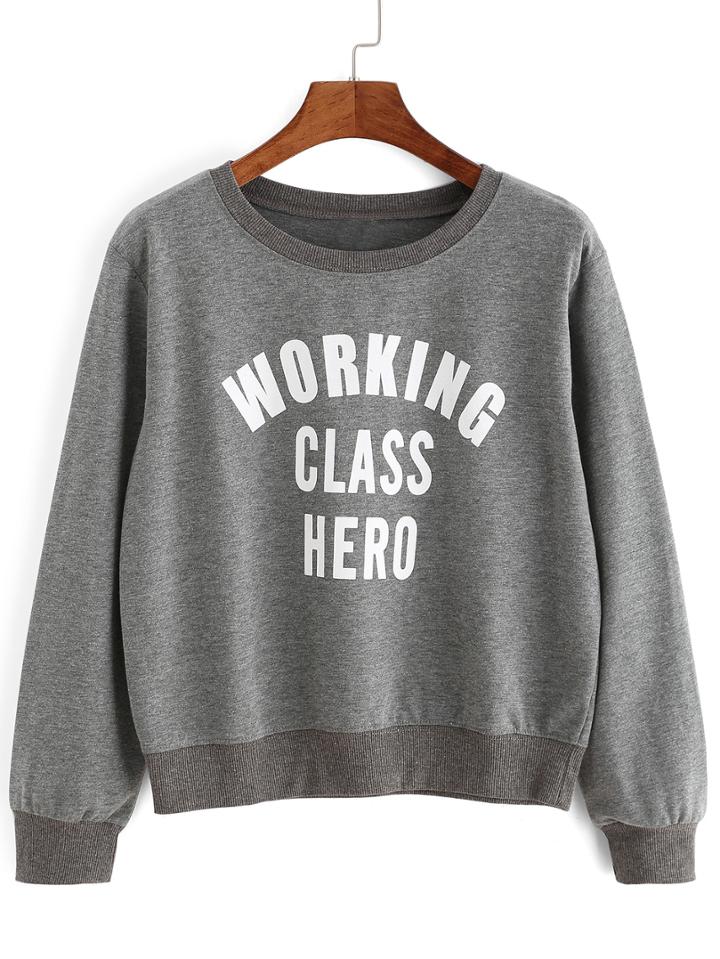 Romwe Letters Print Grey Sweatshirt