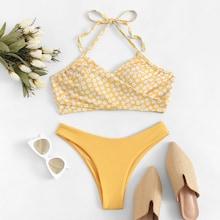 Romwe Self Tie Floral Surplice Top With High-leg Bikini
