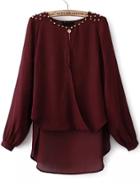 Romwe Red Long Sleeve Rivet Dipped Hem Blouse