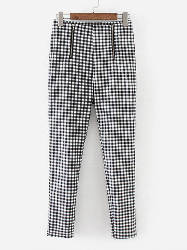 Romwe Zipper Fly Gingham Pants