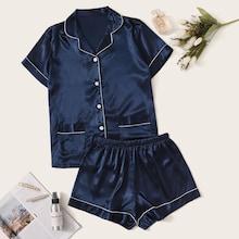 Romwe Contrast Binding Satin Shirt With Shorts Pj Set
