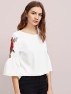 Romwe Embroidered Flower Patch Trumpet Sleeve Top