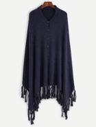 Romwe Navy Button Front Fringe Trim Fleck Poncho Cardigan