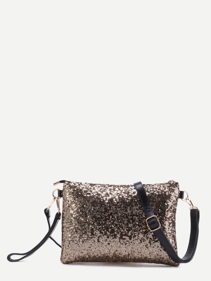 Romwe Gold Sequin Zip Closure Crossbody Bag