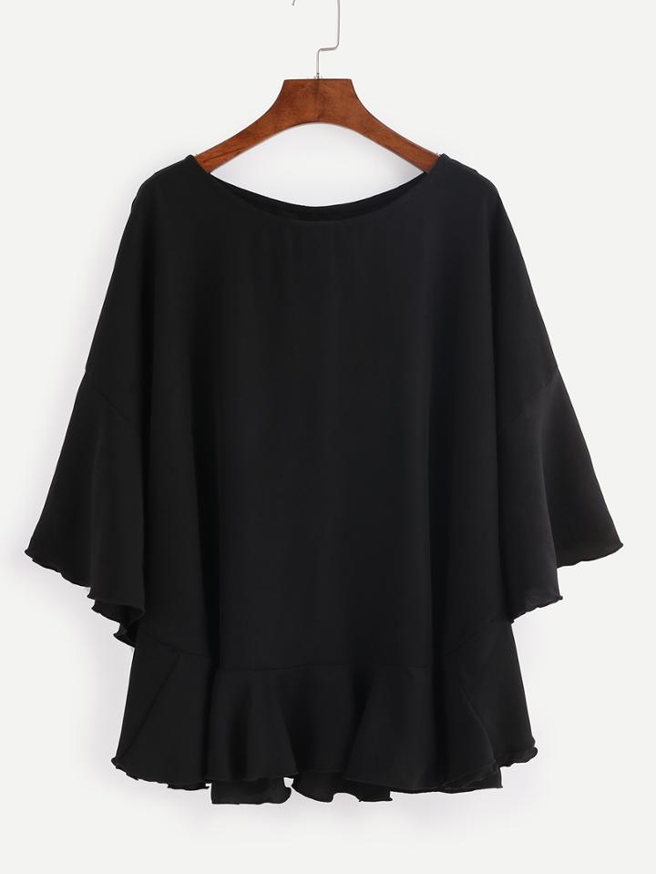 Romwe Ruffled Dolman Sleeve Top - Black