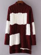 Romwe Burgundy Color Block Cable Knit Long Asymmetrical Sweater