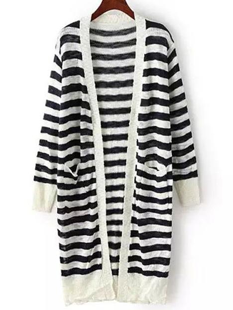 Romwe Striped Slit Pockets Blue Cardigan
