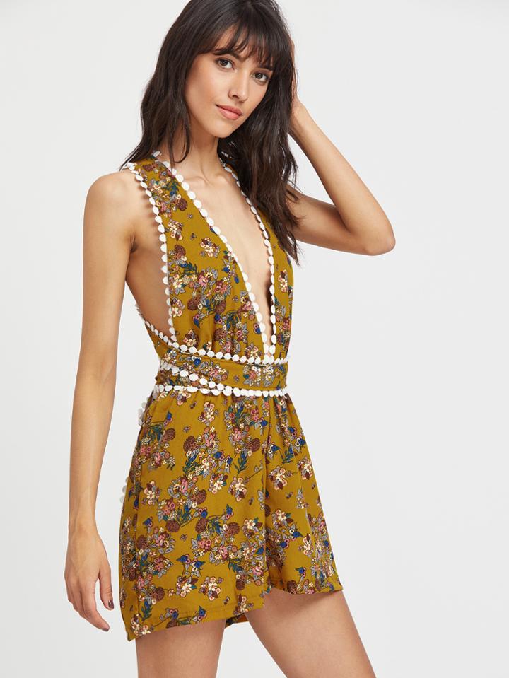Romwe Plunging V Neckline Calico Print Crochet Trim Romper