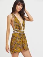 Romwe Plunging V Neckline Calico Print Crochet Trim Romper