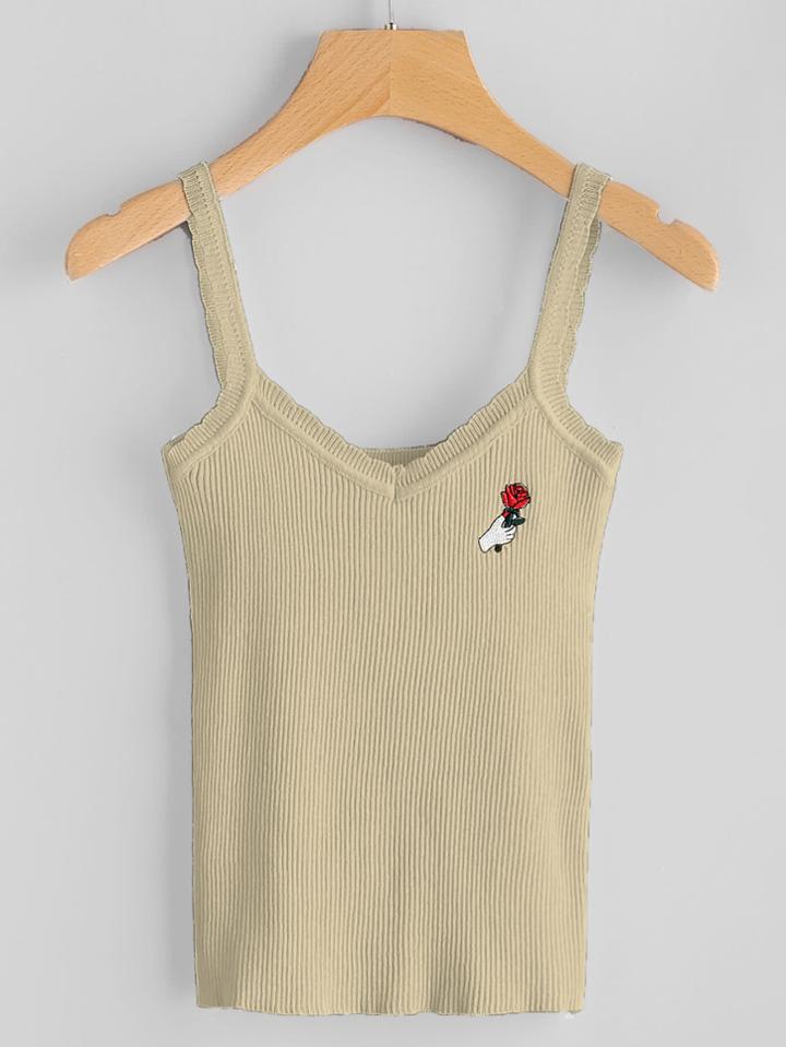 Romwe Rose Embroidered Ribbed Cami Top