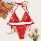 Romwe Floral Lace Self Tie Triangle Bikini Set