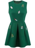 Romwe Green Sleeveless Embroidered Flare Dress
