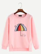 Romwe Pink Umbrella Print Raglan Sleeve Dip Hem Slit Sweatshirt
