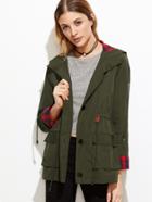 Romwe Olive Green Plaid Lining Drawstring Waist Hooded Utility Jacket