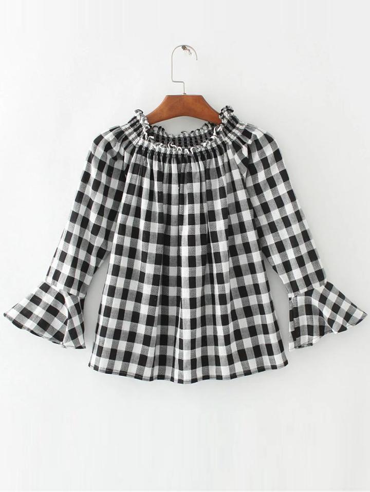 Romwe Black And White Plaid Ruffle Detail Bell Sleeve Blouse