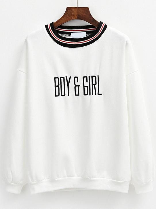Romwe Letter Embroidered Striped White Sweatshirt