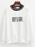 Romwe Letter Embroidered Striped White Sweatshirt