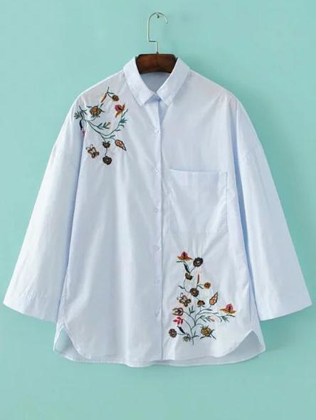 Romwe Blue Flower Embroidery Side Slit Blouse With Pocket