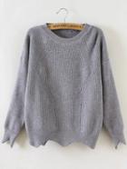 Romwe Grey Round Neck Asymmetrical Trim Sweater