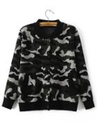 Romwe Army Green Camouflage Print Knitted Bomber Jacket With Buttons