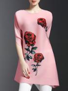 Romwe Pink Rose Print Pleated Elastic Dress