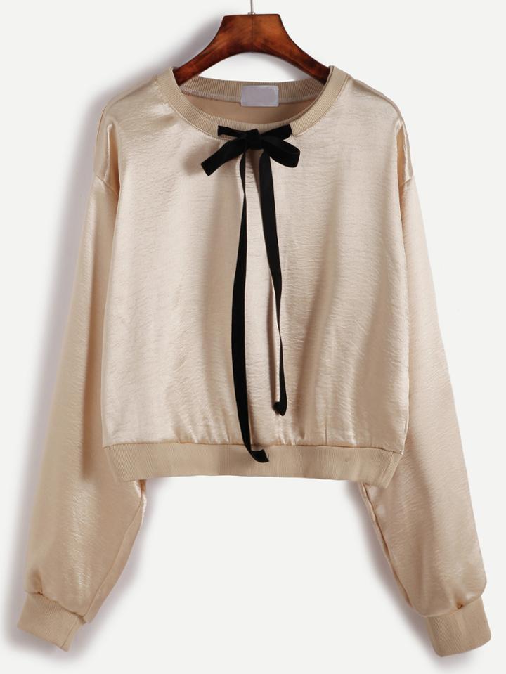 Romwe Champagne Tie Neck Crop Sweatshirt