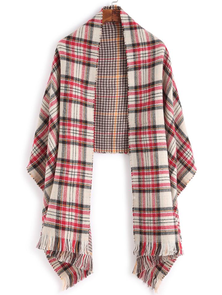 Romwe Vintage Plaid Fringe Trim Shawl Scarf