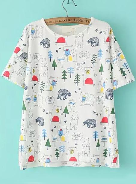 Romwe Forest Print White T-shirt