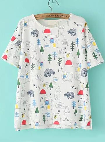 Romwe Forest Print White T-shirt