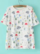 Romwe Forest Print White T-shirt