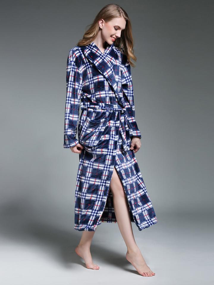 Romwe Shawl Collar Self Tie Plaid Plush Robe