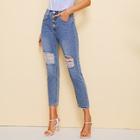 Romwe Button Fly Ripped Cropped Jeans