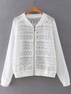 Romwe White Zipper Front Chiffon Splicing Crochet Lace Outerwear