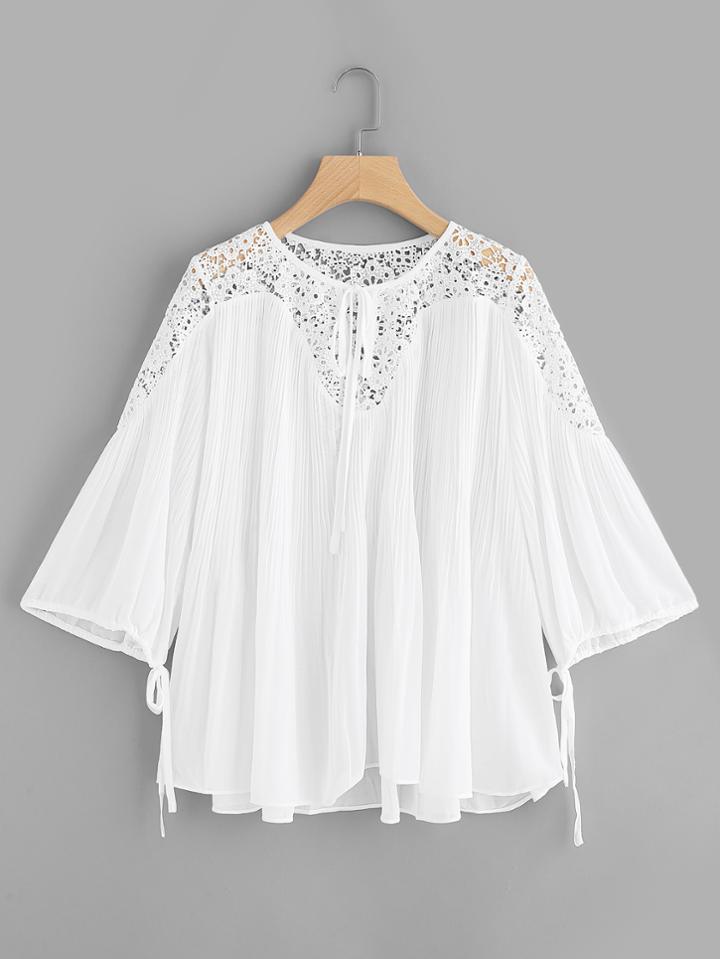 Romwe Lace Panel Tie Neck Pleated Top