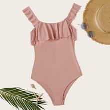 Romwe Ruffle Strap Square Neck Flounce One Piece Swimsuit