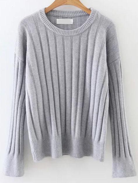 Romwe Grey Ribbed Bell Sleeve Sweater