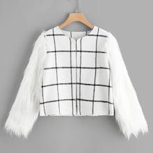 Romwe Open Front Faux Fur Sleeve Grid Coat