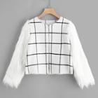 Romwe Open Front Faux Fur Sleeve Grid Coat