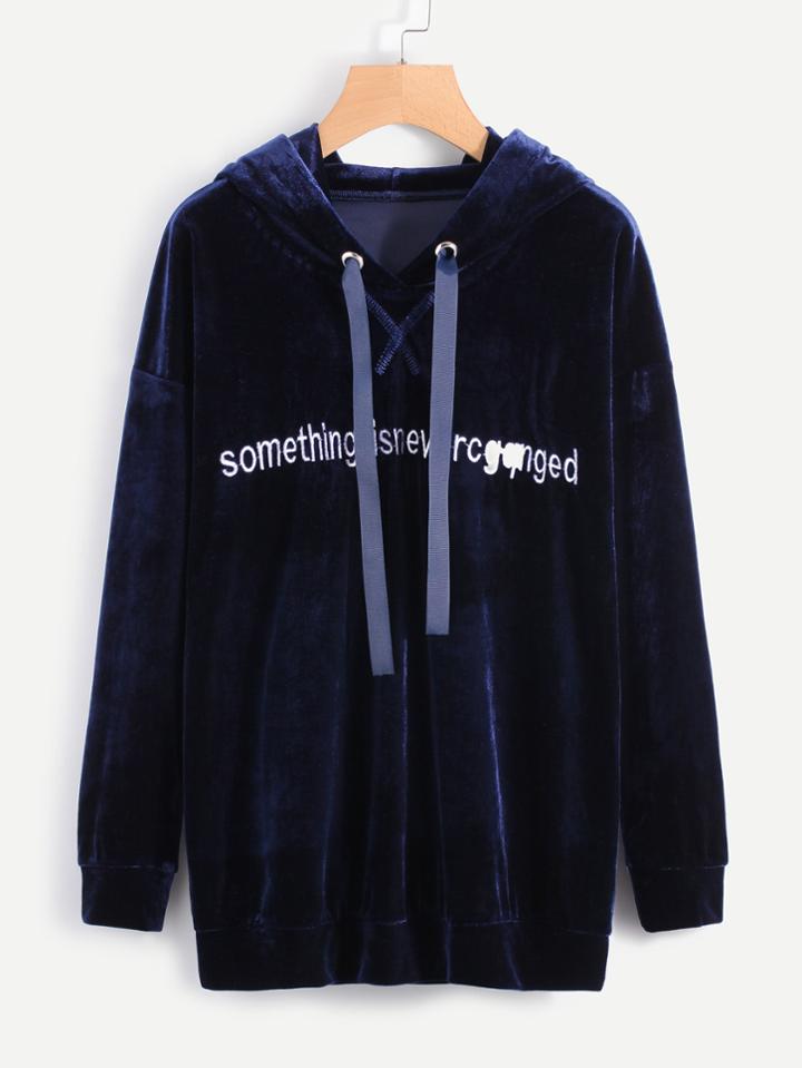 Romwe Slogan Embroidered Drawstring Velvet Hoodie