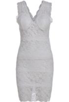 Romwe V Neck Sleeveless Hollow Lace White Dress