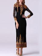 Romwe Long Sleeve Embroidered Lace Sheath Black Dress