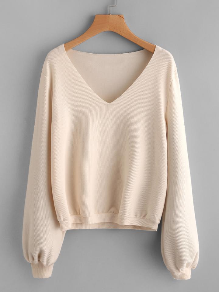 Romwe Bishop Sleeve Ribbed Sweatshirt