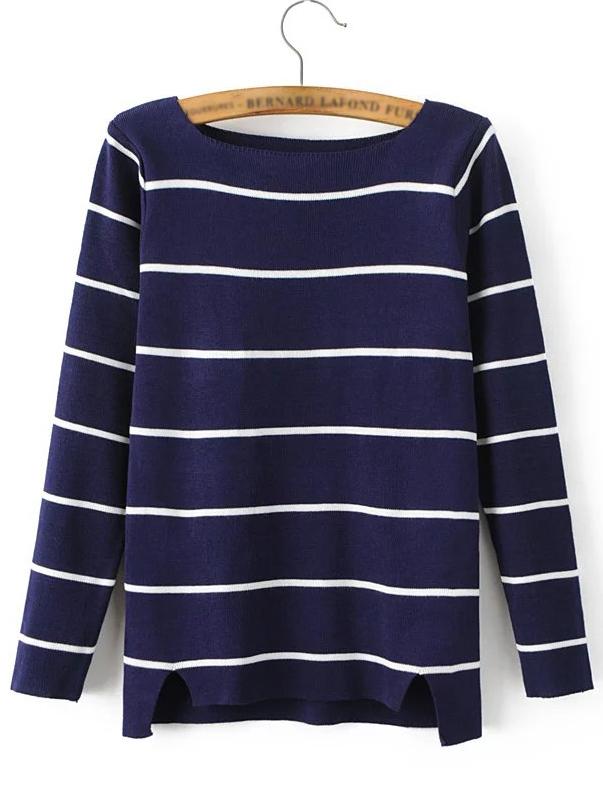 Romwe Navy Stripe Dipped Hem T-shirt