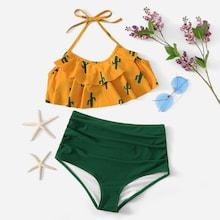 Romwe Random Cactus Print Ruffle With Ruched Bikini Set