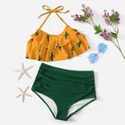 Romwe Random Cactus Print Ruffle With Ruched Bikini Set