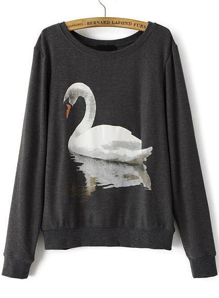 Romwe Swan Print Loose Grey Sweatshirt